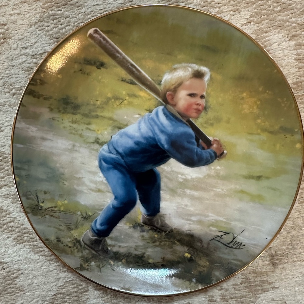Decorative Collector Plate with Boy at Bat Motif - Blue